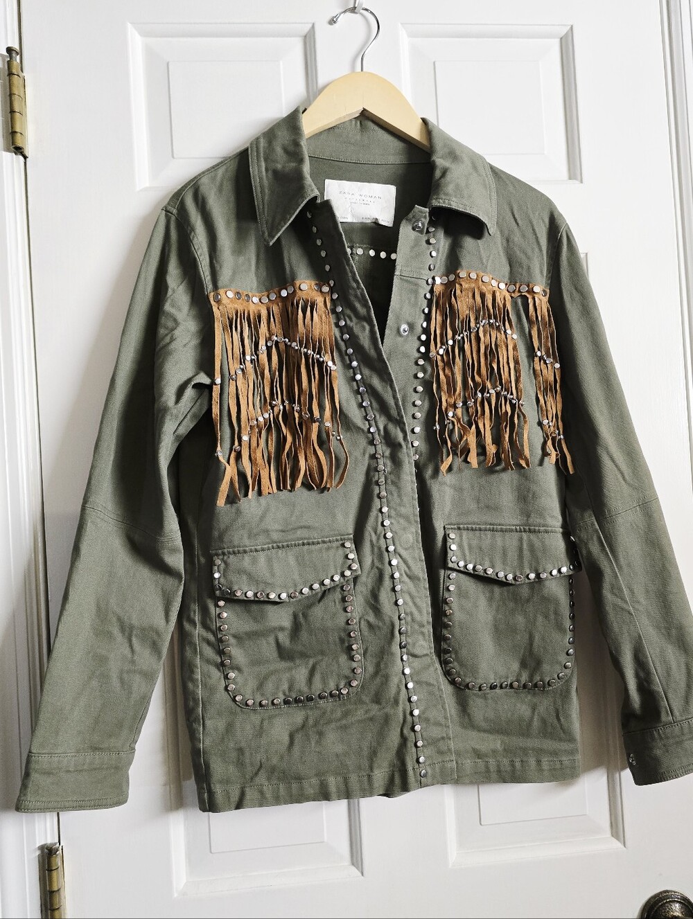 LAST CALL Vintage Zara Denim Jacket Military Suede Leather Fringe Stud Western